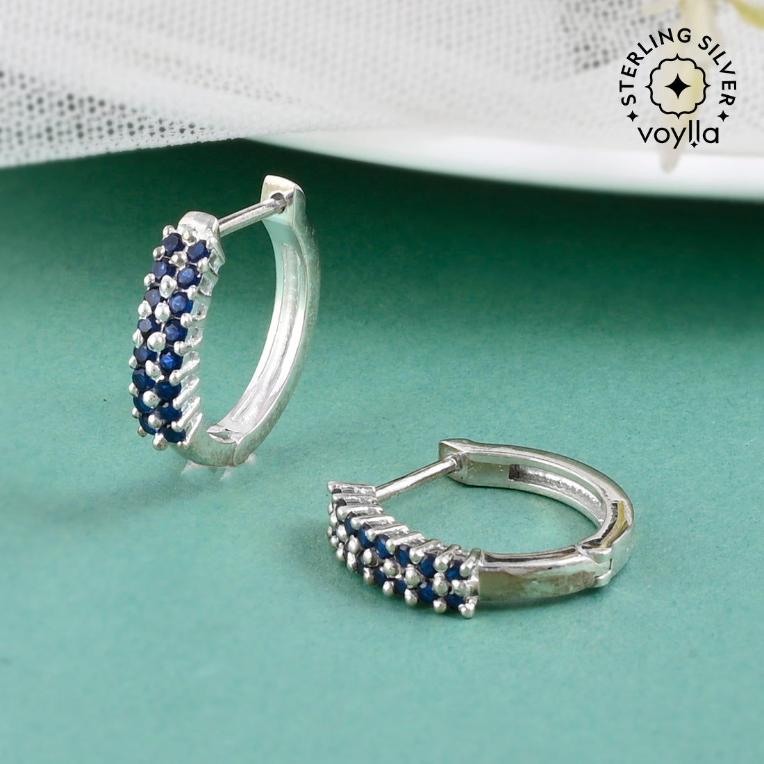 925 Sterling Silver Small Hoop Earring Studded With Blue Stone