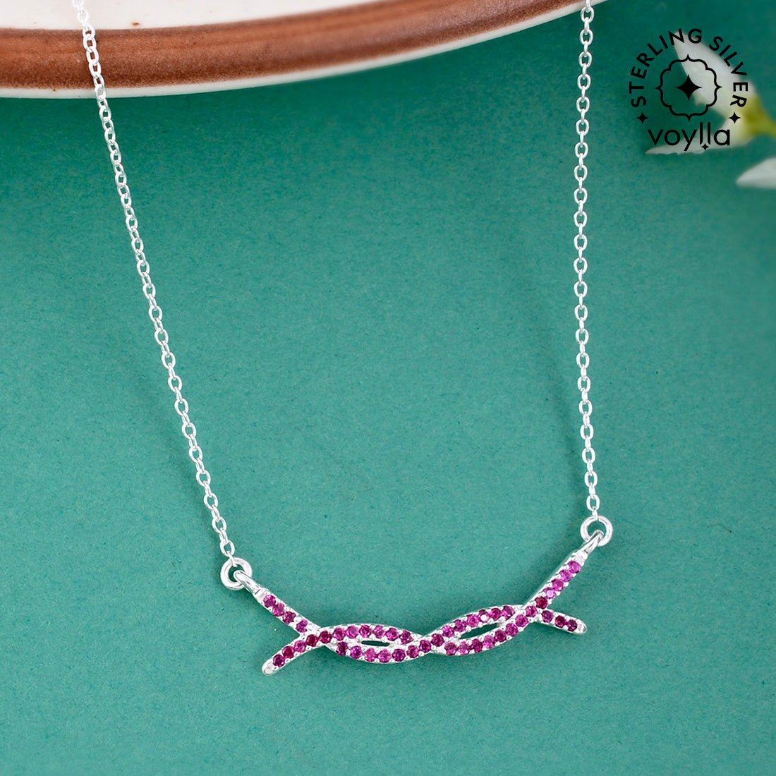 Stylish 925 Sterling Silver necklace with Pink Stones