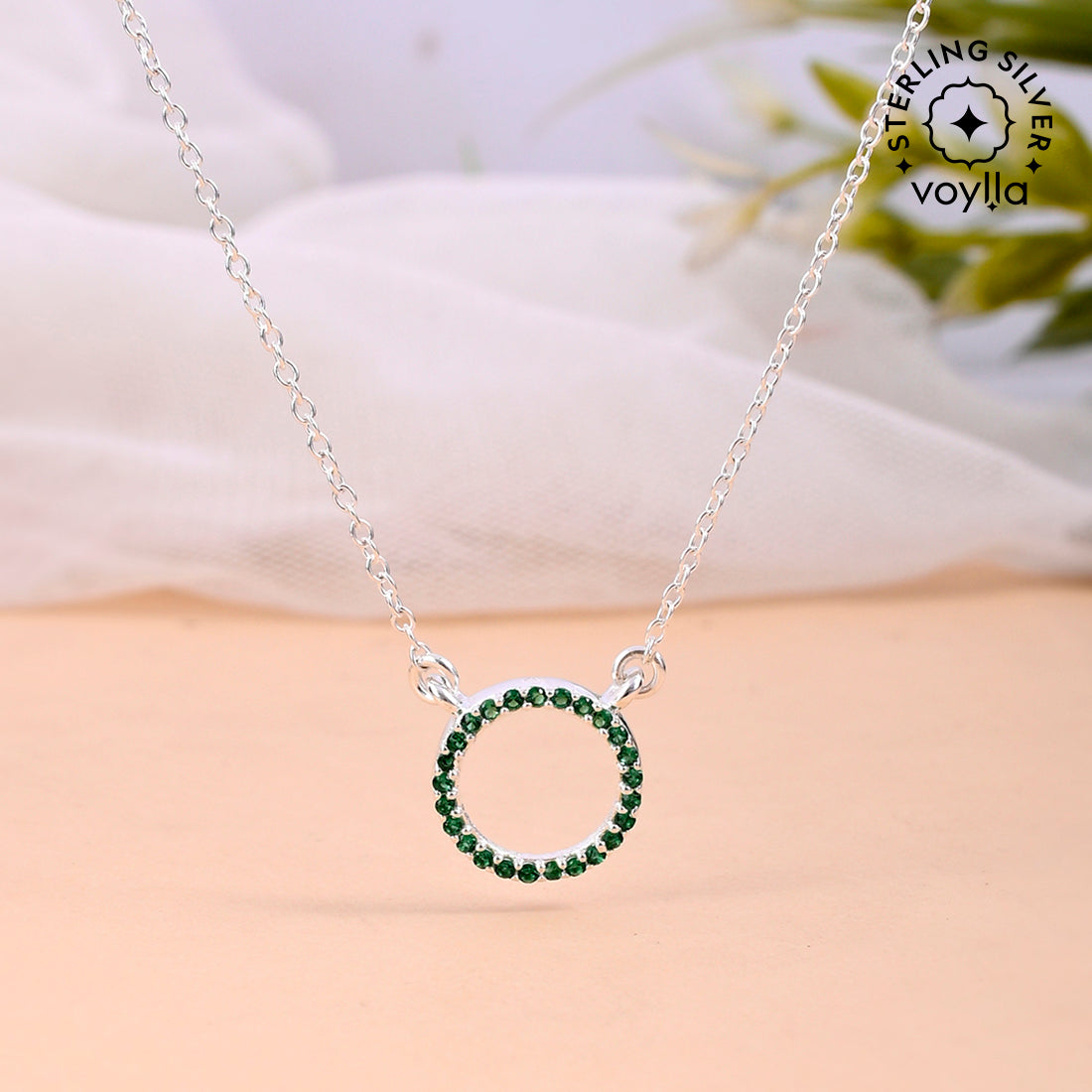 Stunning Round 925 Sterling Silver Necklace with Green CZ