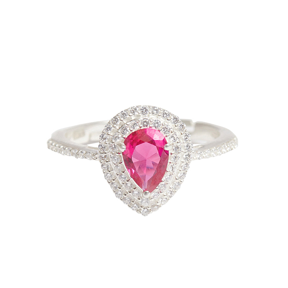 Sushine Tear Shaped Ruby Stone CZ Studded 925 Sterling Silver Adjustable Ring