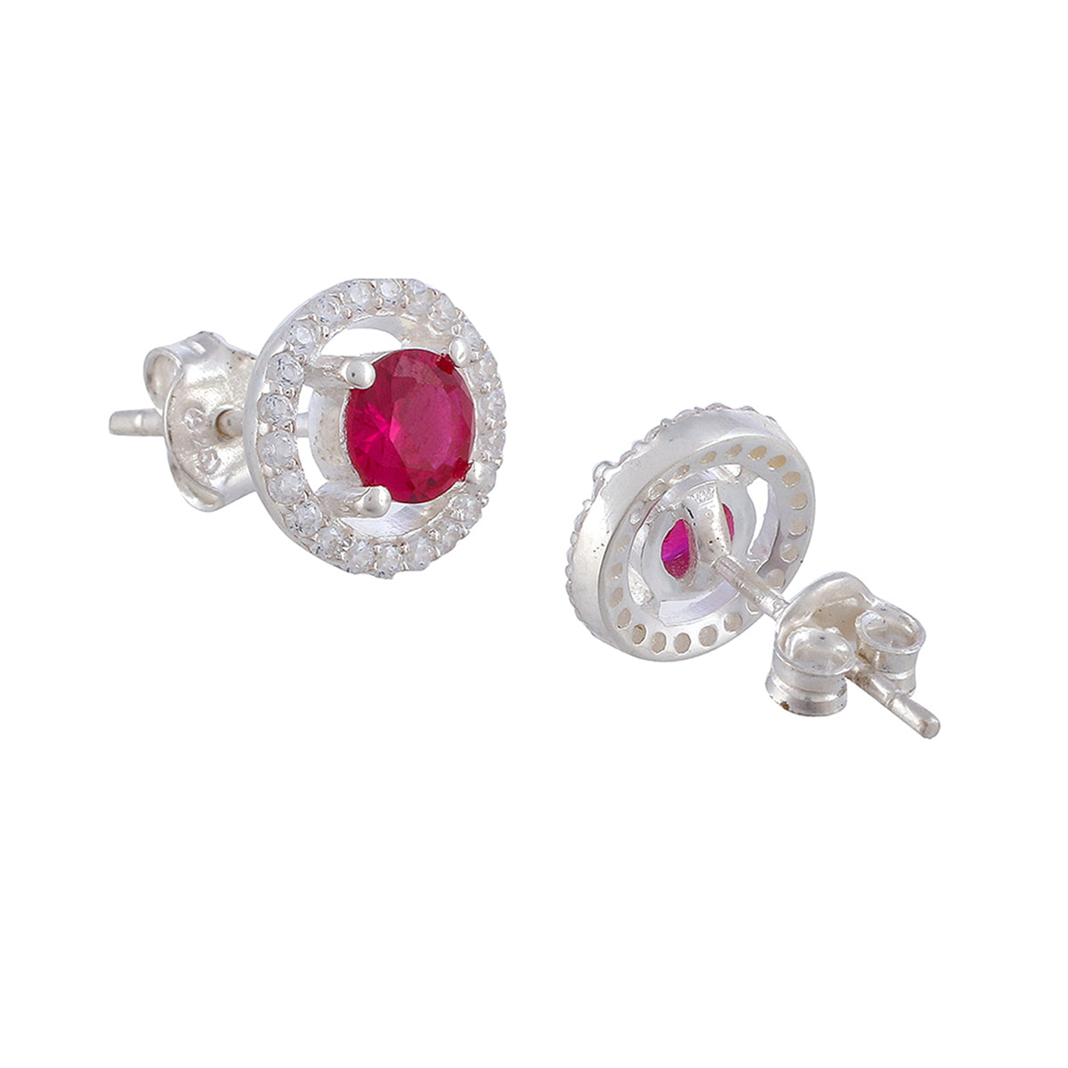925 Sterling Silver Round Shaped Stud Earrings Made With Red Stone