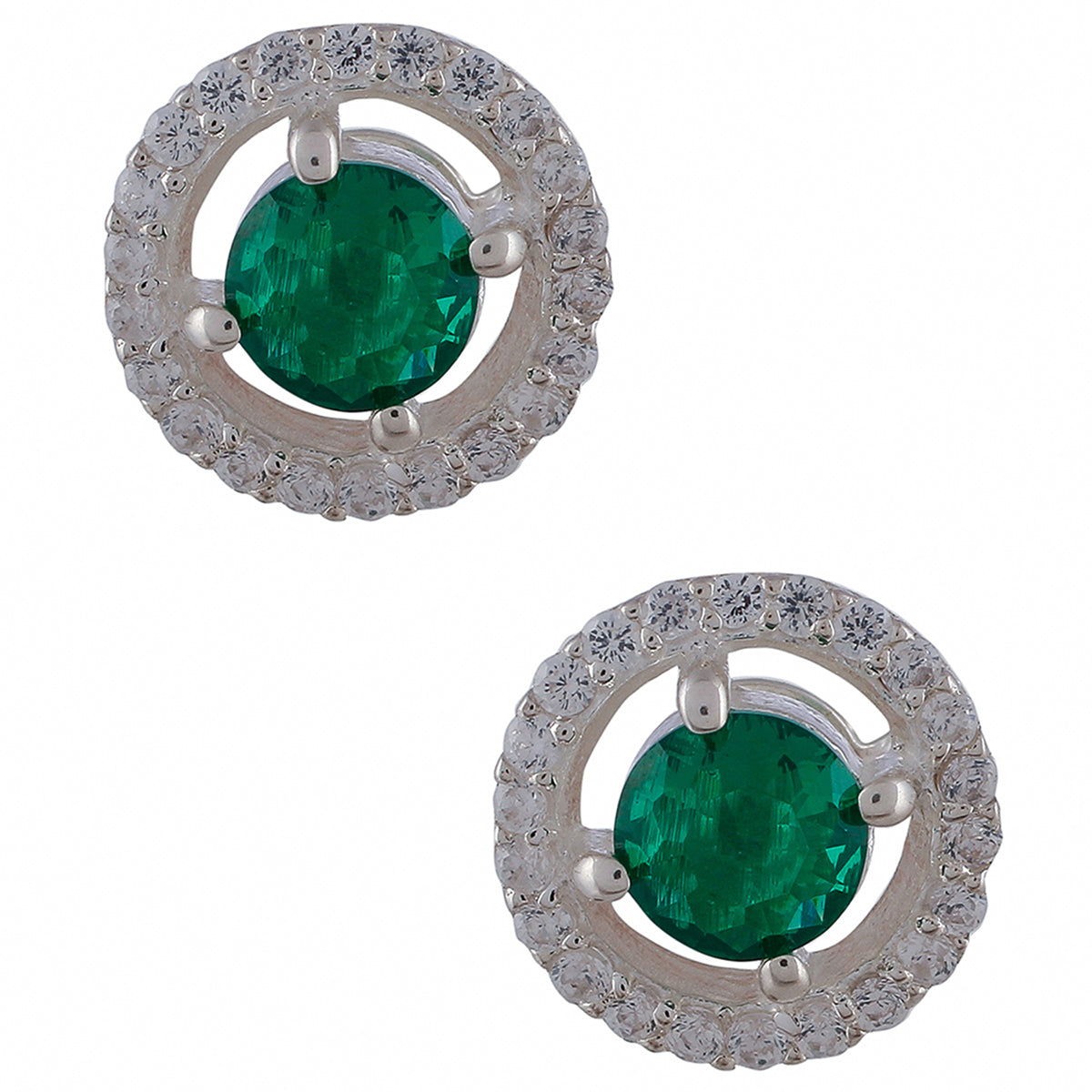 925 Sterling Silver Round Shaped Stud Earrings Made With Green Stone