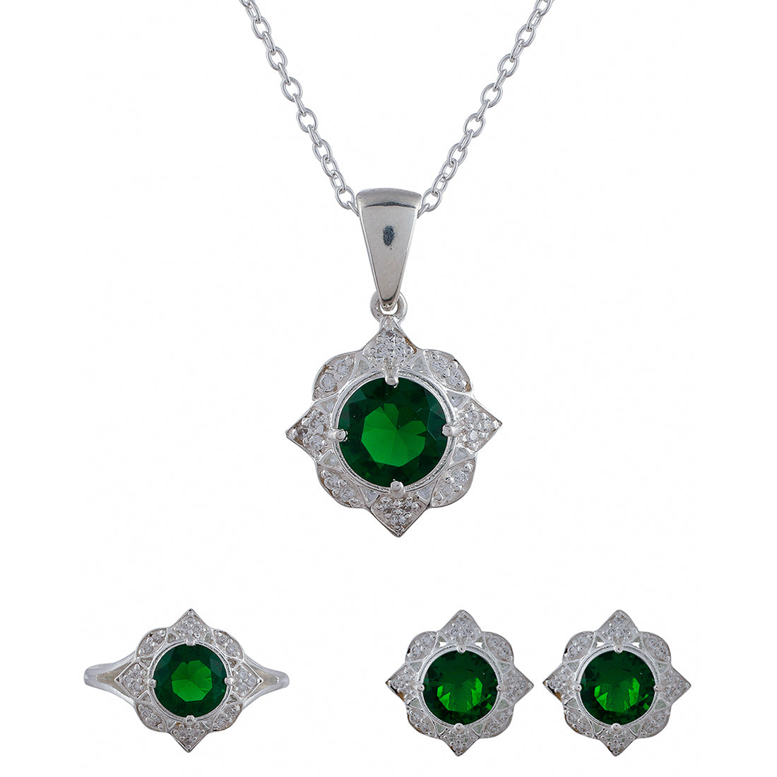 925 Sterling Silver Sparkling Box Set With Shimmering Green CZ gems For Women