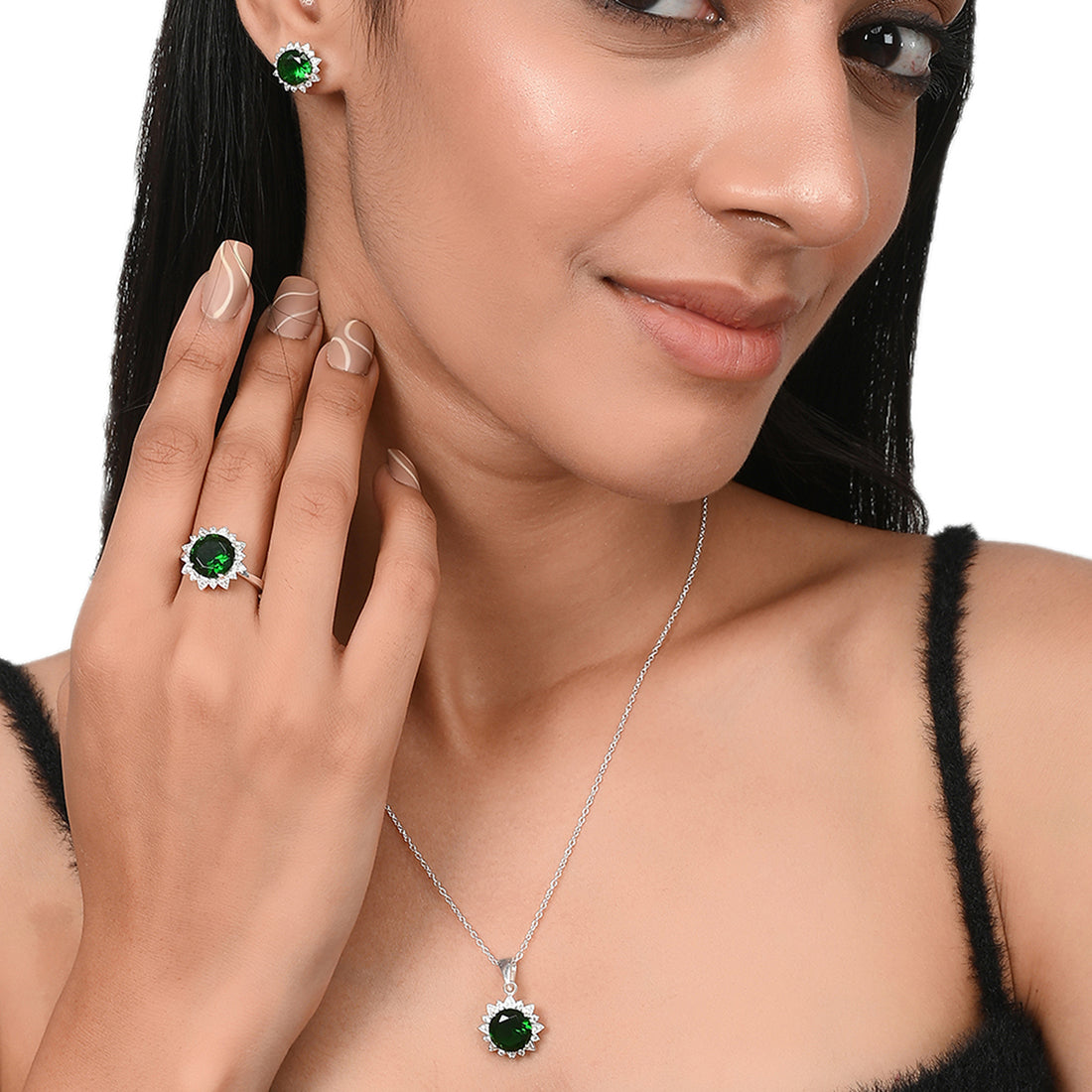 925 Sterling Silver Box Set With Floral Green CZ gems For Women