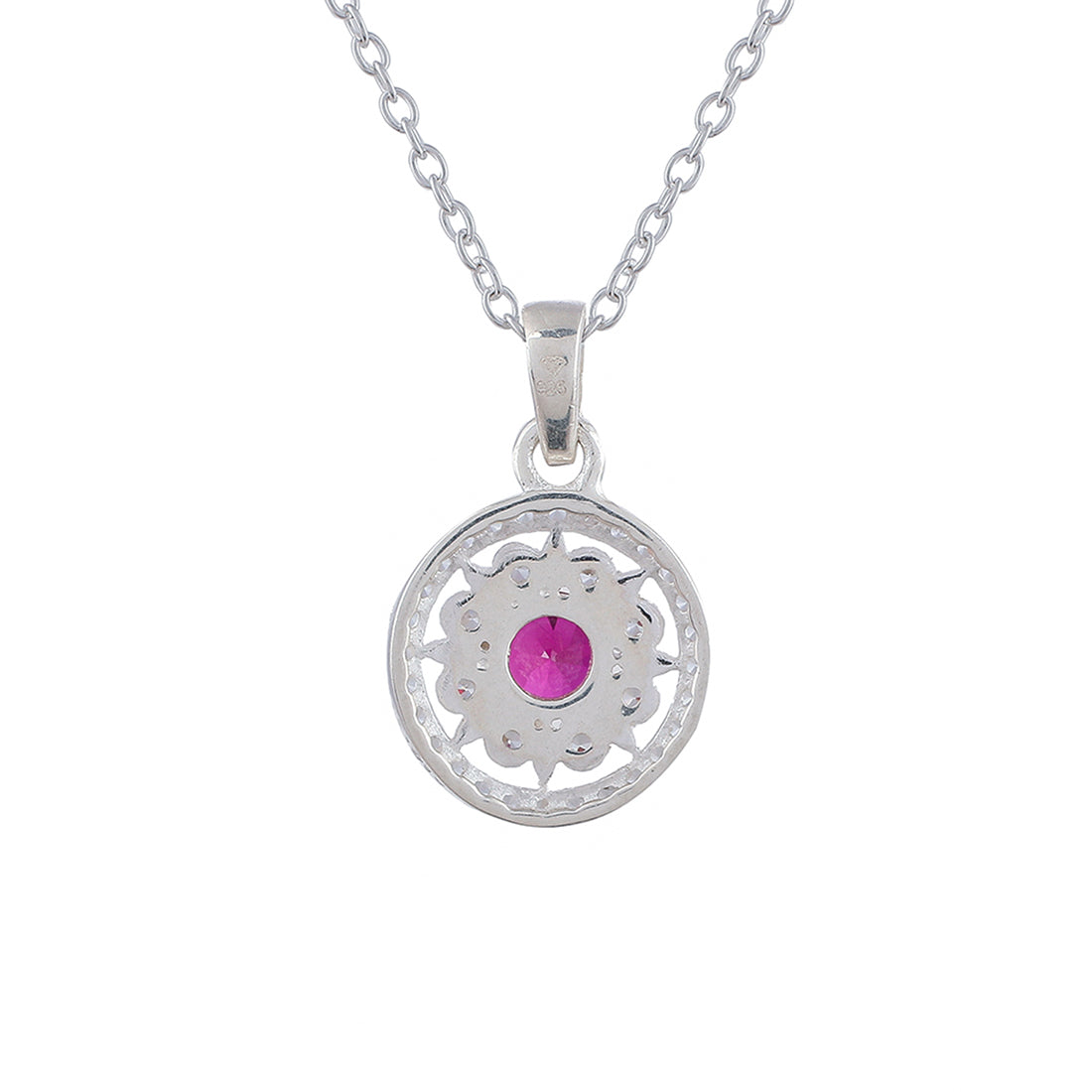 CZ Studded 925 Sterling Silver Pendant Set with Red Stone