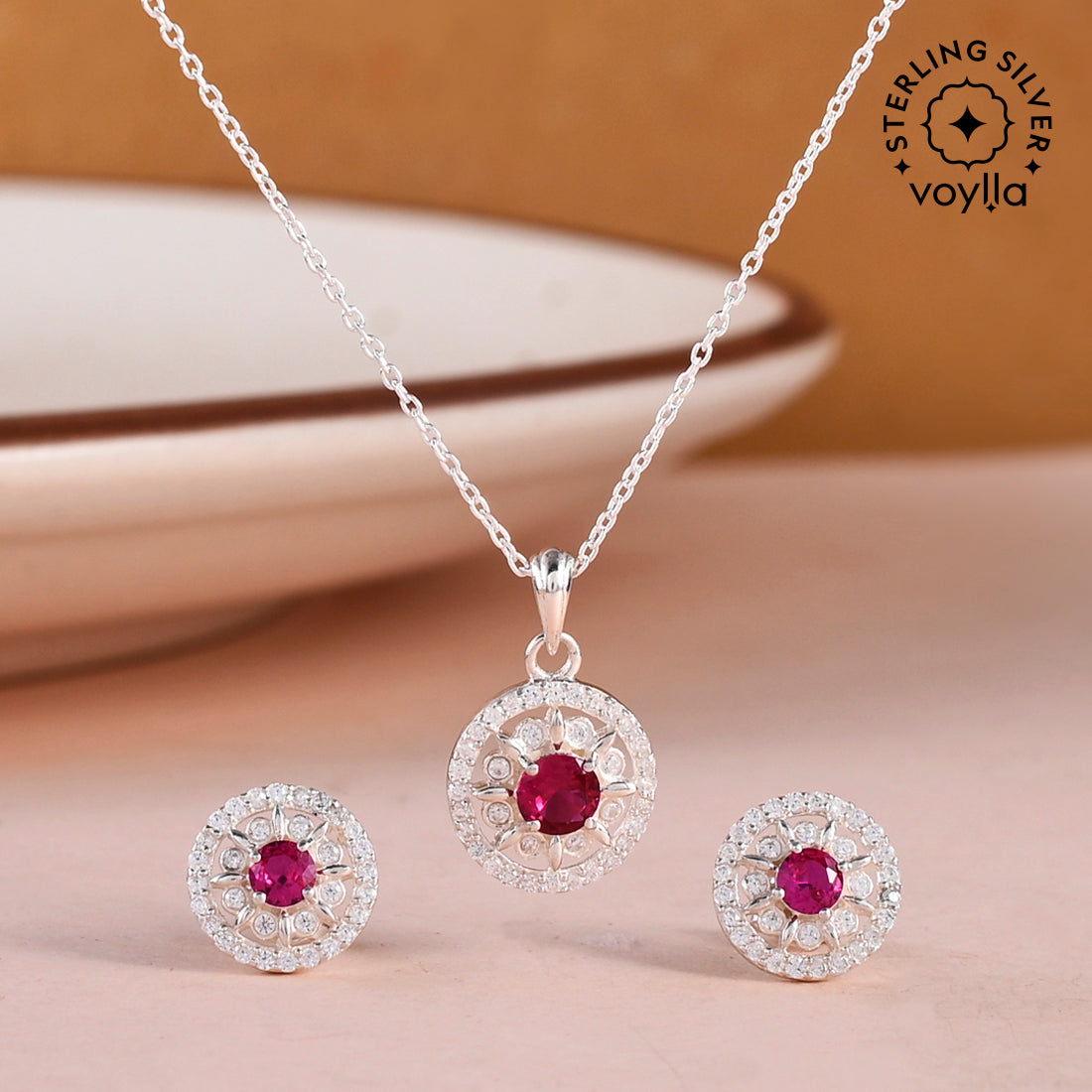 CZ Studded 925 Sterling Silver Pendant Set with Red Stone – VOYLLA