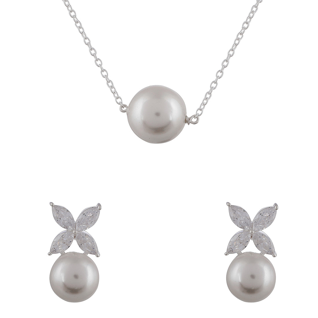 925 Sterling Silver Floral Necklace Set with Pearl Drops