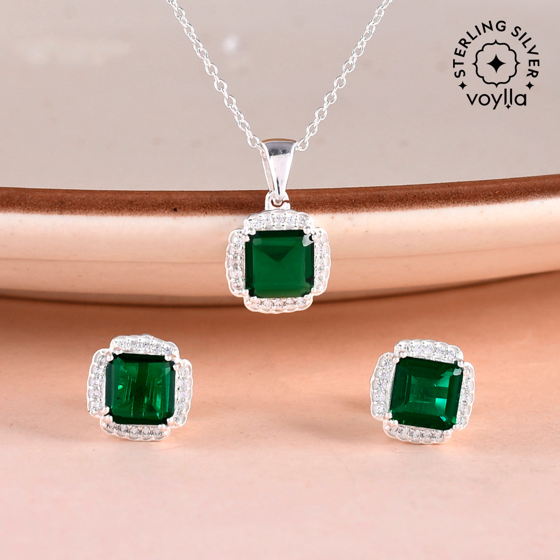 925 Sterling Silver Green Stone Decked Pendant Set