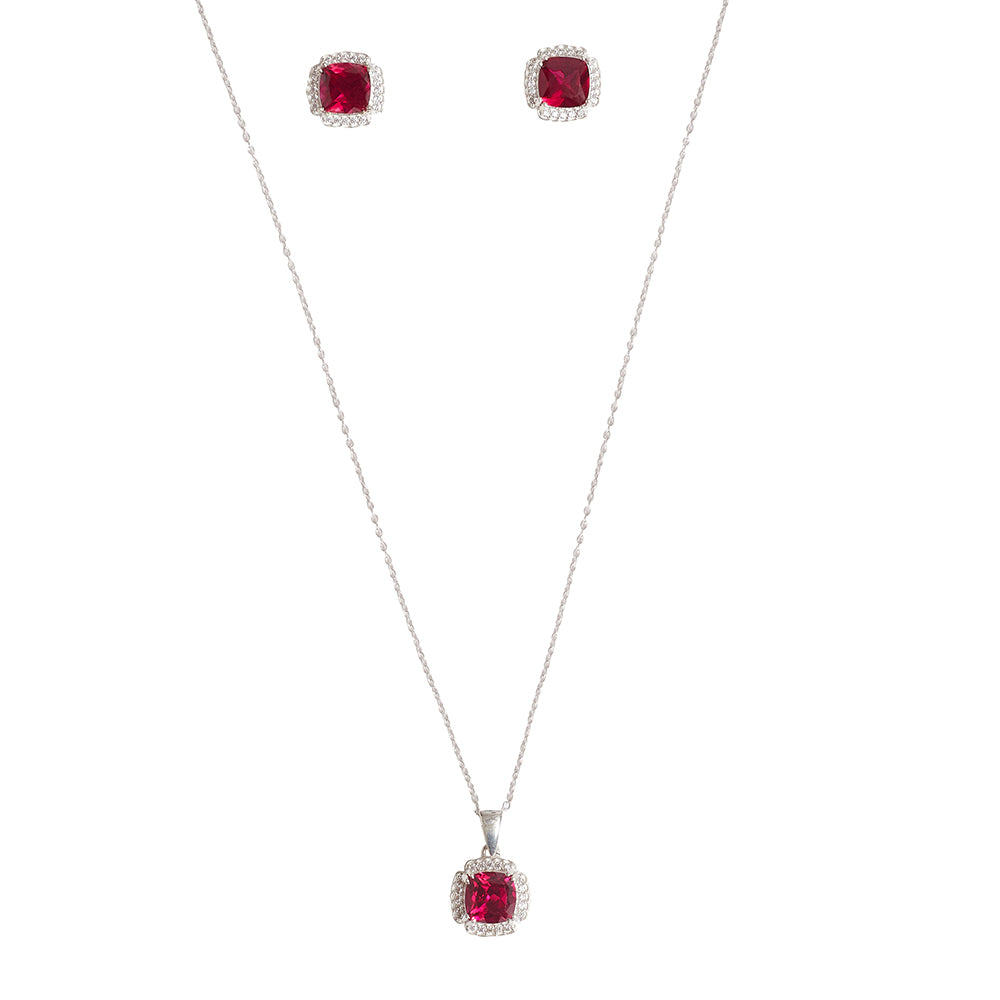 Square Cut Pink Ruby Silver Toned Sterling Silver Pendant Set – VOYLLA