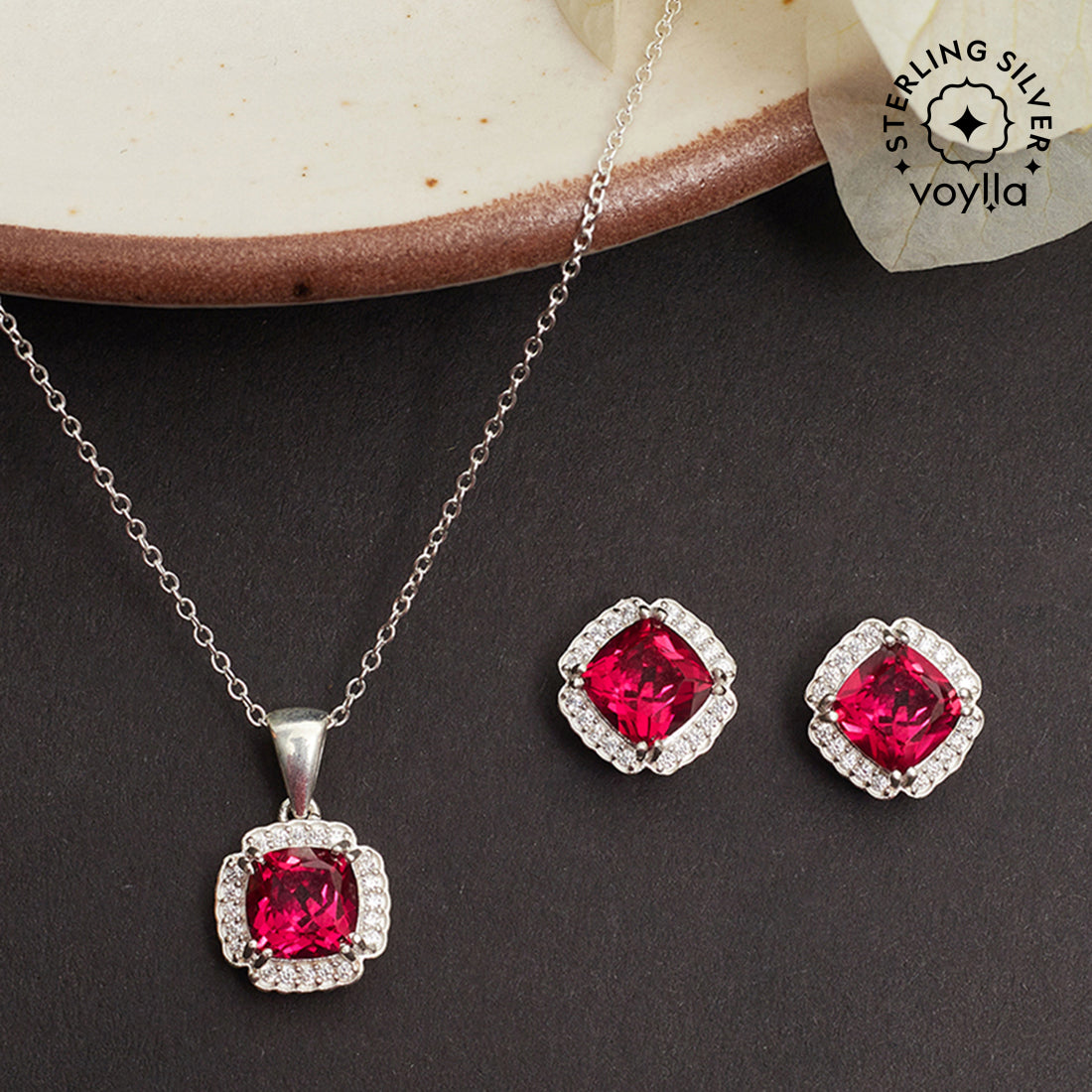 Square Cut Pink Ruby Silver Toned Sterling Silver Pendant Set