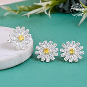 925 Sterling Silver CZ Floral Motif Ring with Earrings