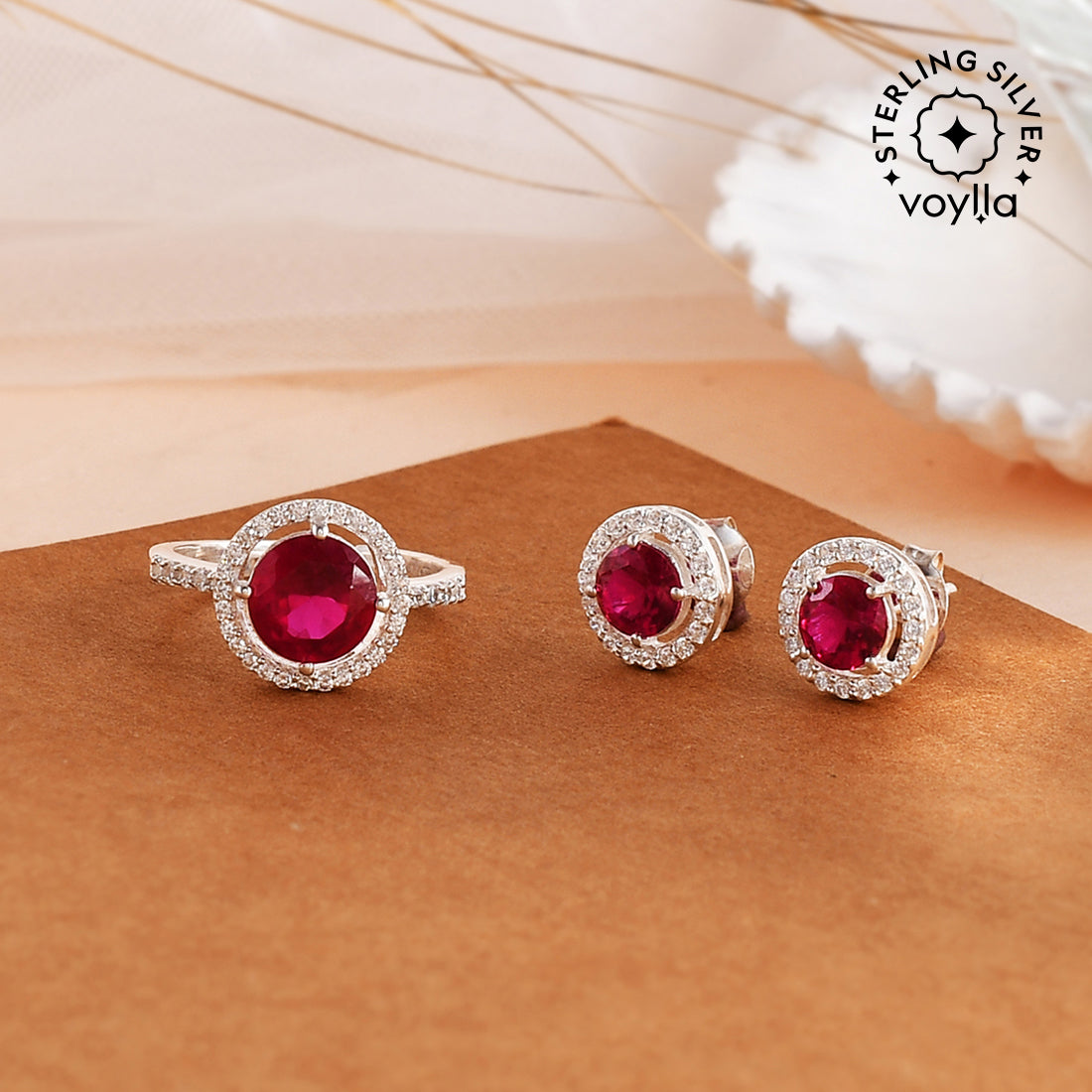 925 Sterling Silver Red Round Cut CZ Earrings Set
