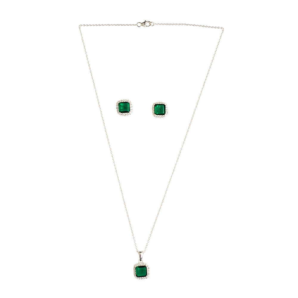 Cubic Zirconia Emerald Pave Short Pendant 925 Steling Silver Set