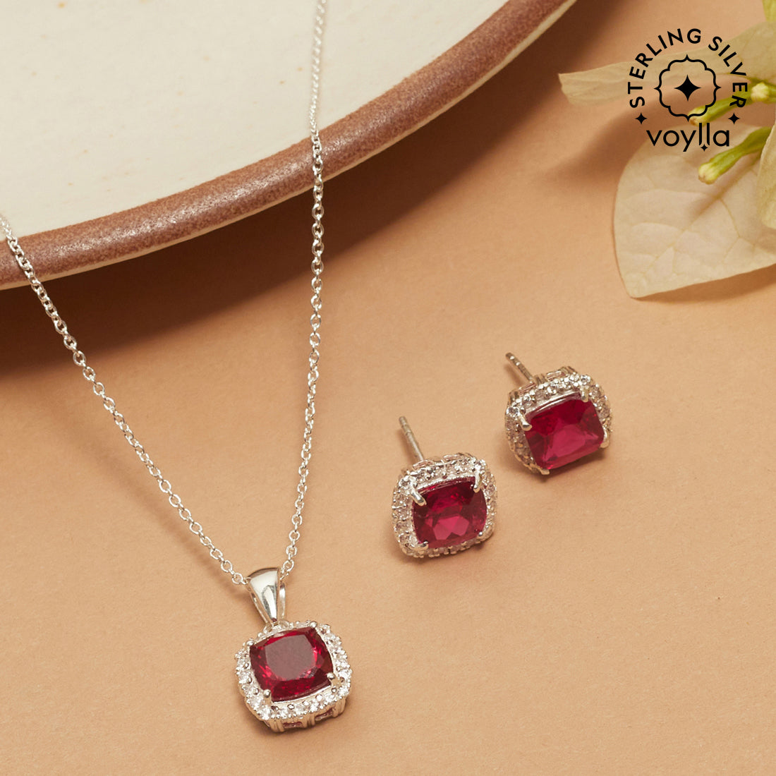 Cushion Setting Square Cut Ruby 925 Sterling Silver Pendant Set