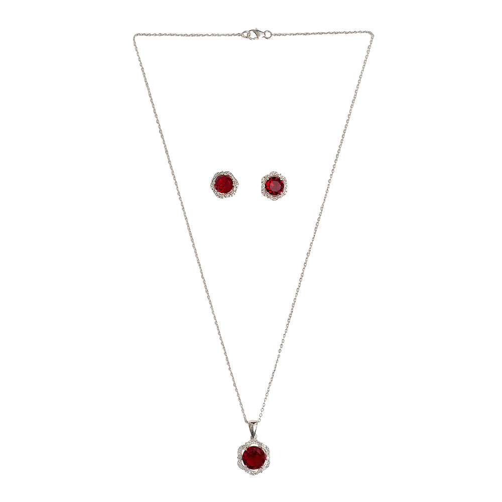 Red Hexagonal CZ Surrounded 925 Sterling Silver Pendant Set