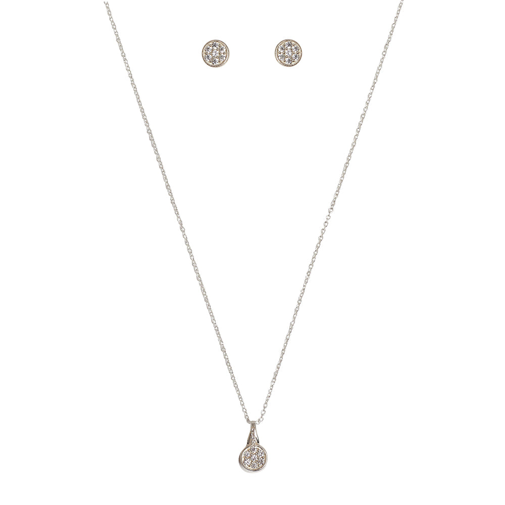 Casual Round CZ Pendant Necklace and Earring 925 Sterling Silver Set