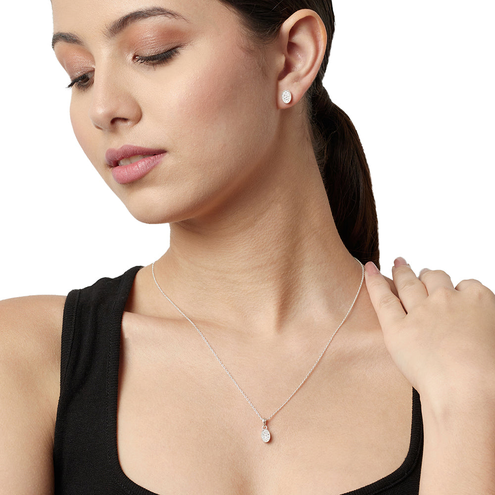 Casual Oval CZ Pendant Necklace and Earring 925 Sterling Silver Set