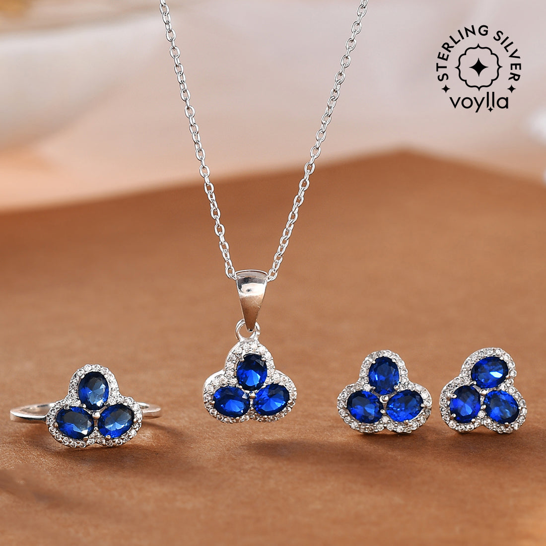 Yeidid International 925 Sterling Silver Sapphire Oval Cut Pendant And Earring Set - Made In Italy