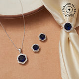 CZ Cluster Blue Hexagonal Pendant, Earring and Ring 925 Sterling Silver Set