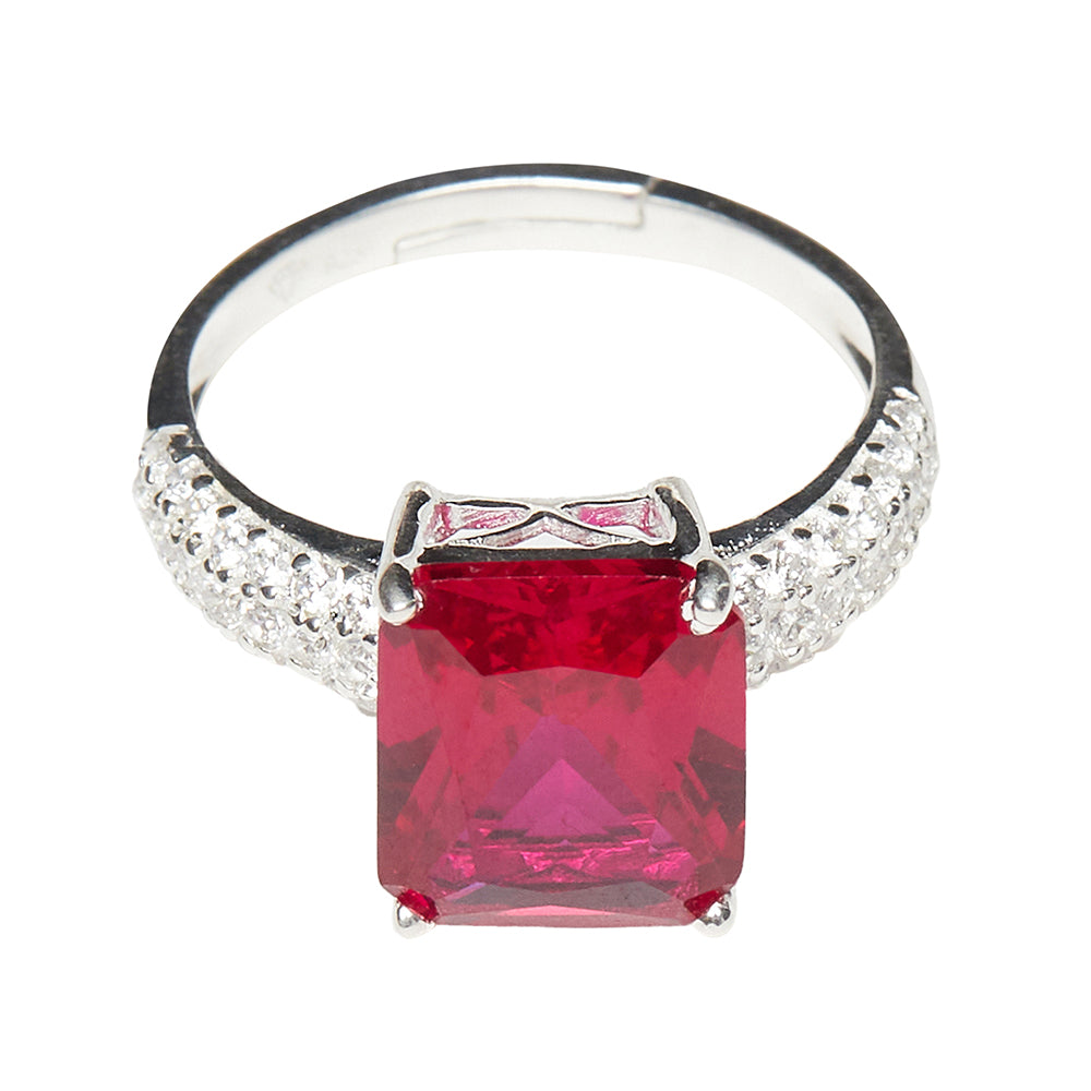 Red Stone Studded Silver Plated Ring