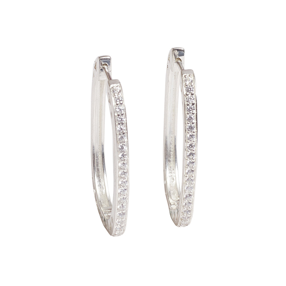 Sterling Silver Zircons Embellished Huggie Silver Toned Earrings