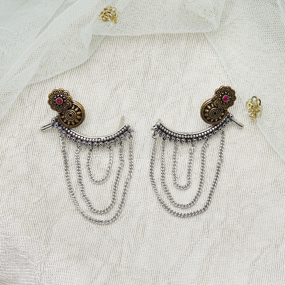 Chamba Floral Motifs Brass Silver Plated Cuff Earrings