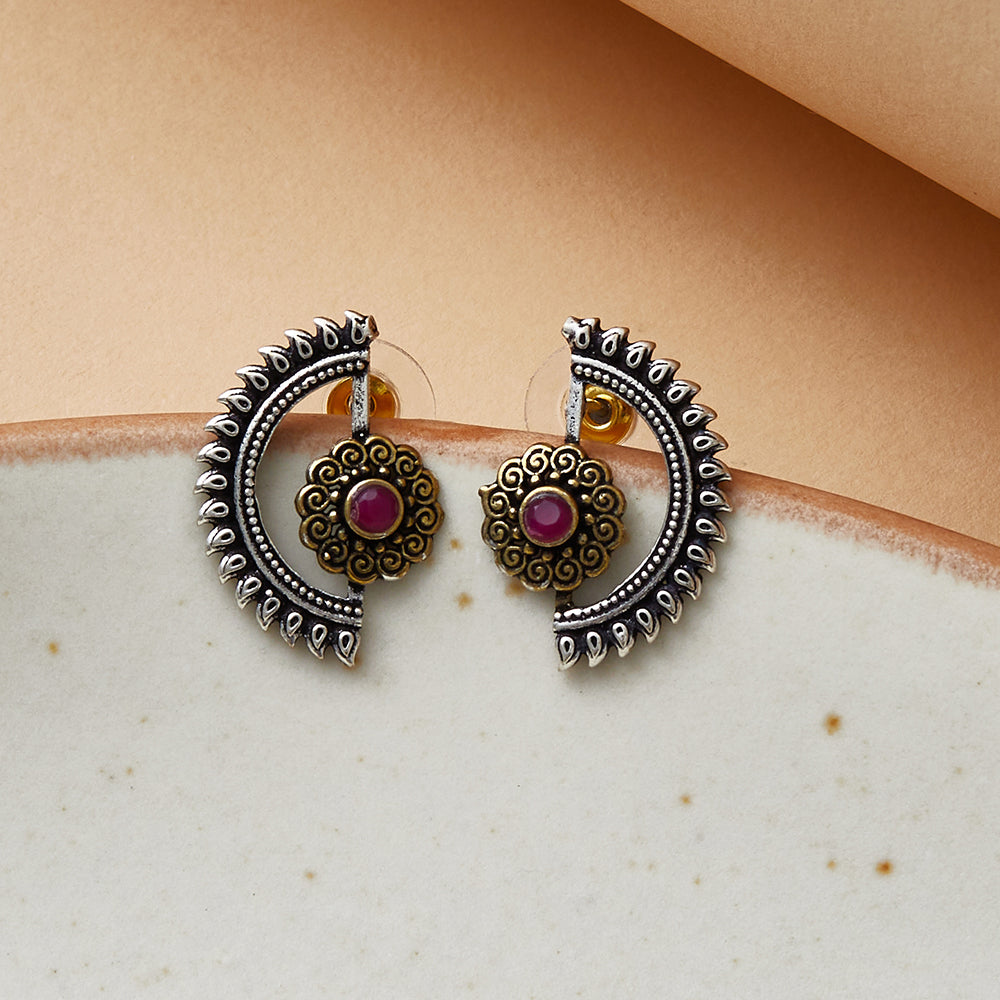 Chamba Floral Motif Crescent Silver Plated Brass Earrings – VOYLLA