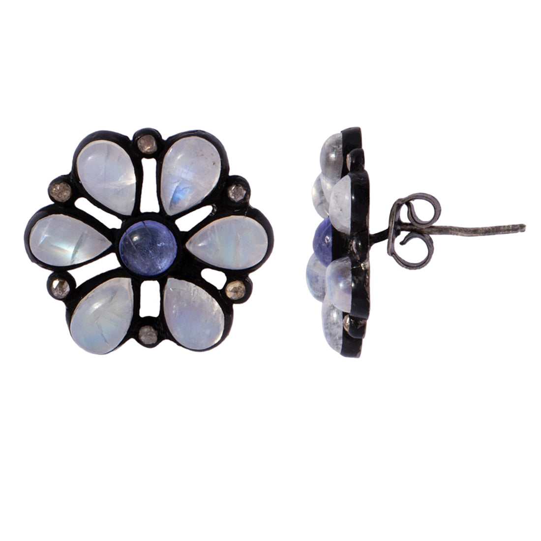 Sterling Silver Floral Ear Studs Embellished With Real Diamonds And Natural Multy Stones