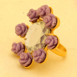 Statement Floral Purple Stone Studded Gold Tone Ring