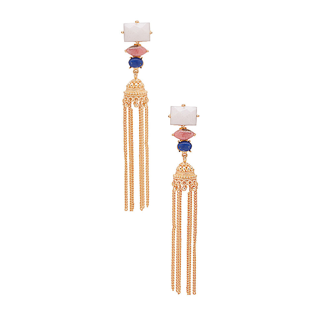 Elegant Pair of White-Pink Stones Studded Gold Tone Danglers
