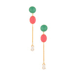 Youthful Golden Dangler Earrings with White Stone Drop And Red-Green Enamel Work