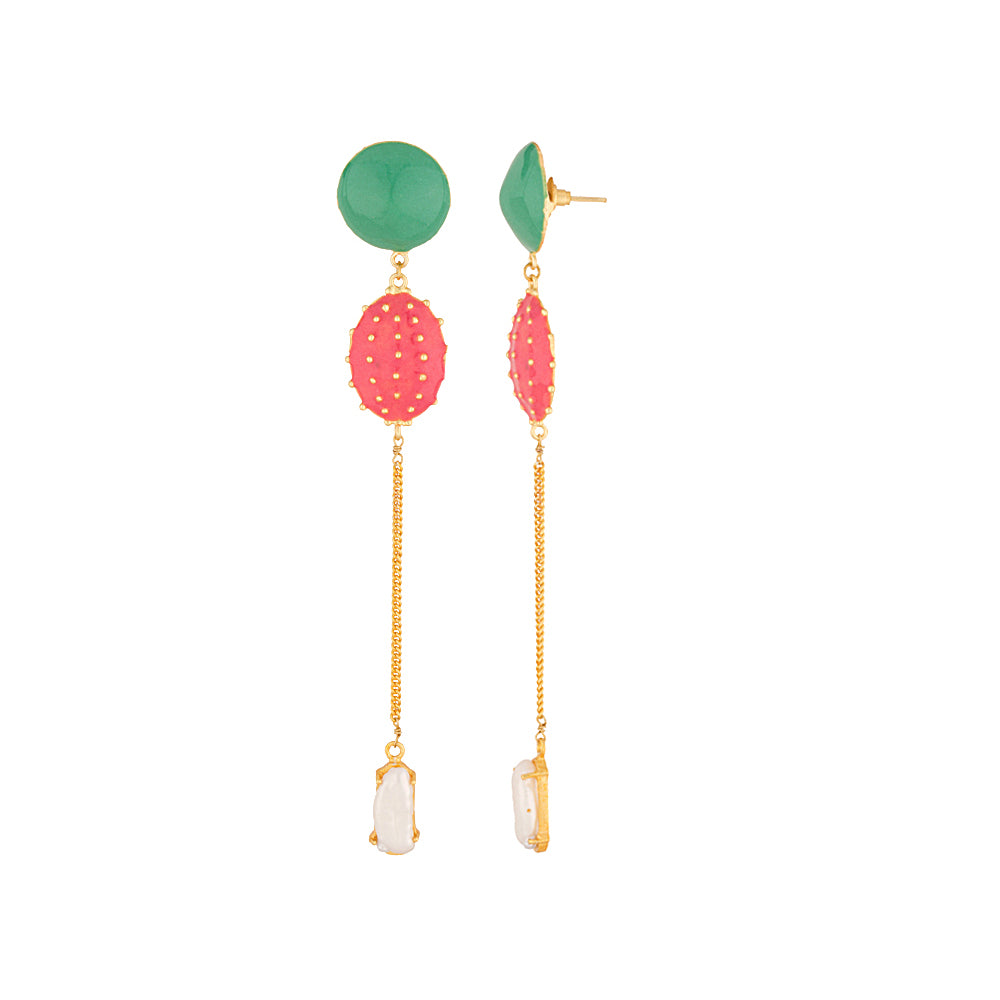 Youthful Golden Dangler Earrings with White Stone Drop And Red-Green Enamel Work