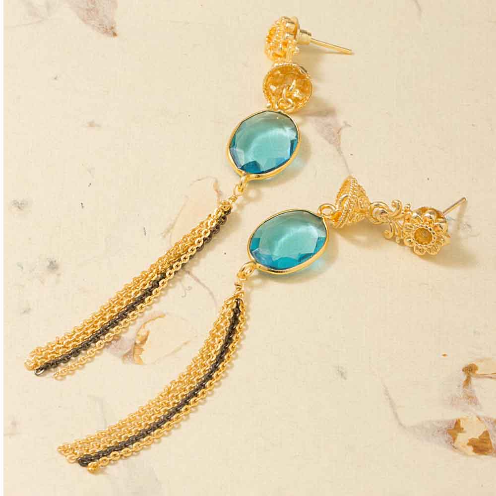Golden Tassel Dangler Earrings Studded With Blue Topaz