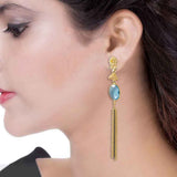 Golden Tassel Dangler Earrings Studded With Blue Topaz