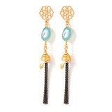 Golden Dangler Earrings Studded With Aqua Blue Stones