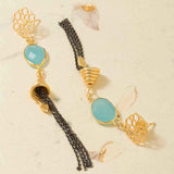 Golden Dangler Earrings Studded With Aqua Blue Stones