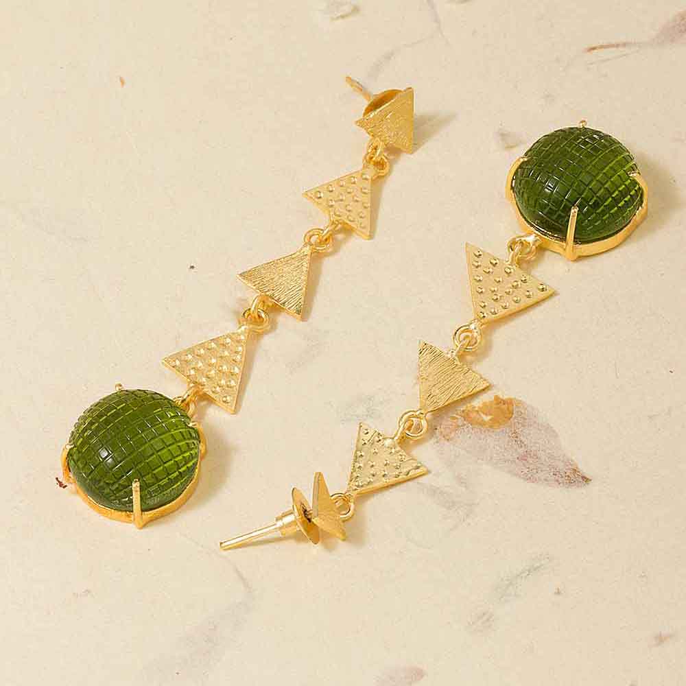 Green Stone Decked Golden Dangler Earrings
