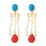 Red-Blue Beads Studded Trendy Golden Dangler Earrings