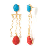 Red-Blue Beads Studded Trendy Golden Dangler Earrings
