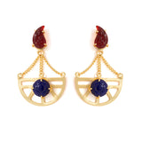 Floral Design Gold Tone Danglers Studded With Red And Blue Stones