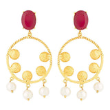 Pink Stone Studded Golden Earrings With Pearl Dangling