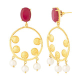 Pink Stone Studded Golden Earrings With Pearl Dangling