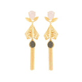 Gold Toned Tasselled Danglers Adorned With Pink-Green Stones