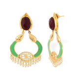 Green Enamelled Earrings Adorned With Maroon Stones & Pearl Beads