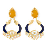Blue Enamelled Earrings Adorned With Yellow Stone & Ravishing Pearls