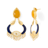 Blue Enamelled Earrings Adorned With Yellow Stone & Ravishing Pearls