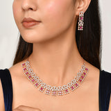 Cz Elegance Rose Plated Ruby Red Necklace Set