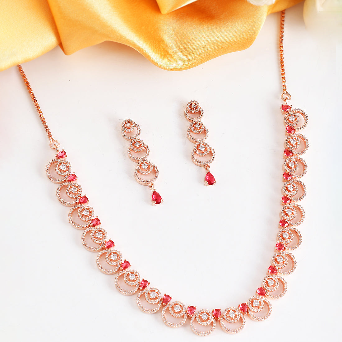 Cz Elegance Rose Plated Necklace Set