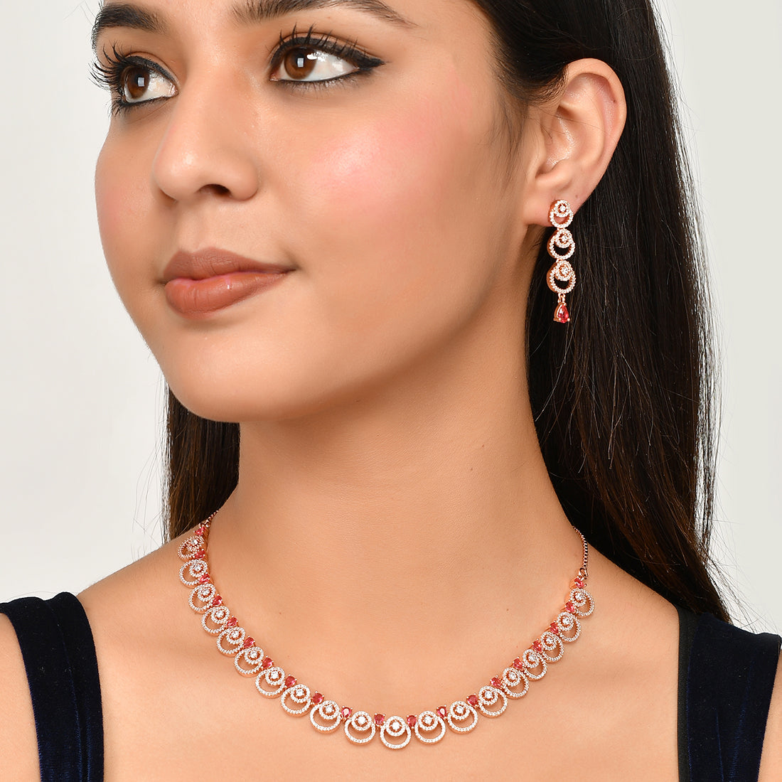 Cz Elegance Rose Plated Necklace Set