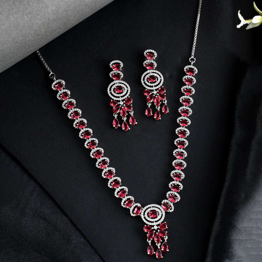 Cz Elegance Silver Plated Red Stone Necklace Set